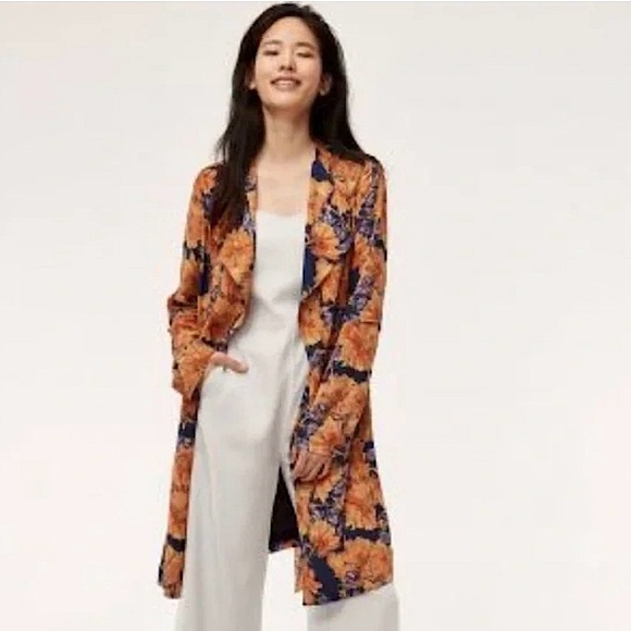 Babaton Aritzia Blue Orange Quincy Floral Trench Cardigan Jacket Wrap Dress Fall - Picture 16 of 17